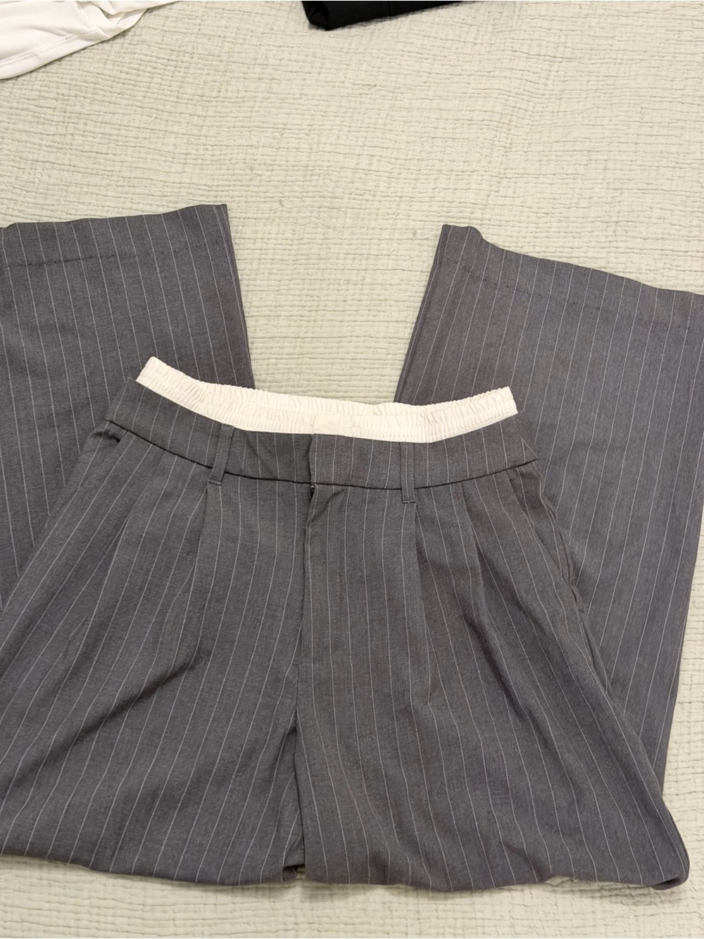 wild fable Women Pinstriped Wide-Leg Pants - Charcoal with Cream Waistband - Picture 3 of 4